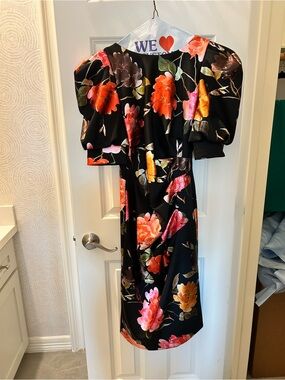 Floral Puff-Sleeve Midi Dress in Black and Multicolor